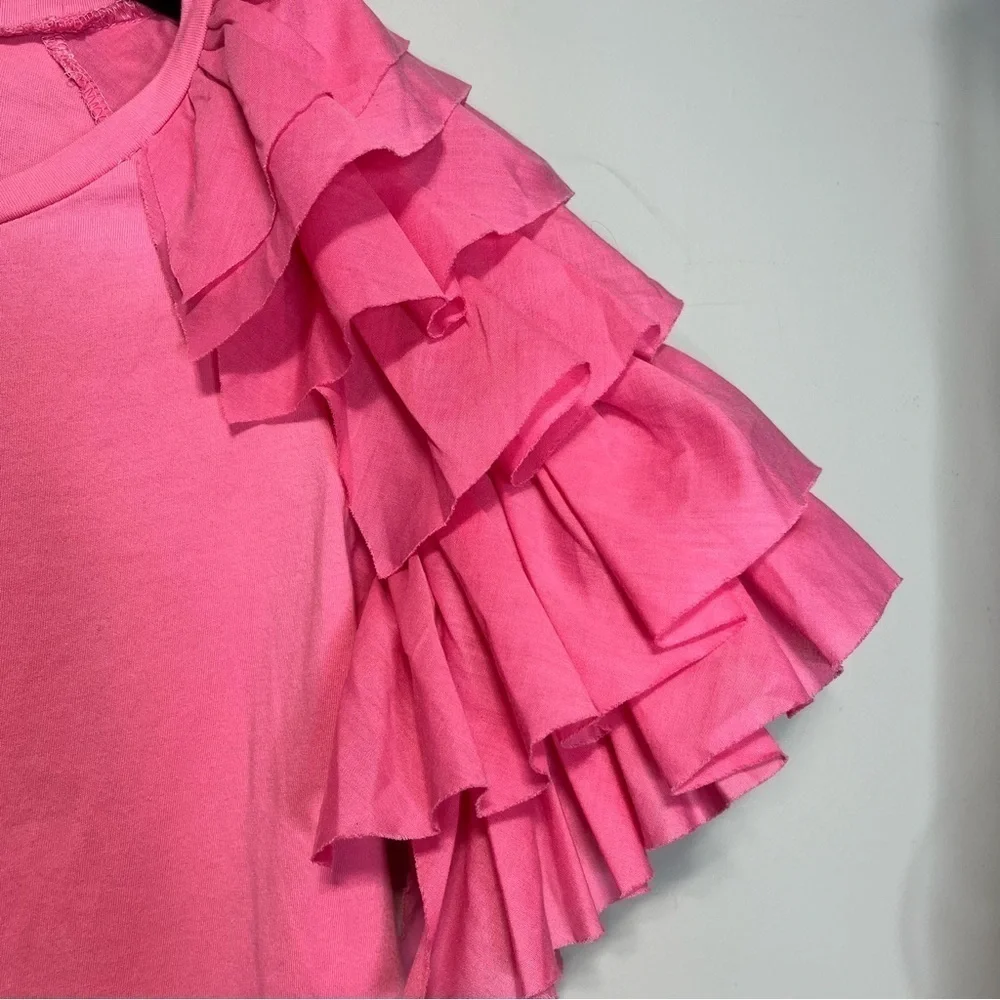 Molly Bracken Lili Sidonio Ruffle Sleeve Preppy Soft Tee Shirt Blouse Top Pink-M - Picture 5 of 12